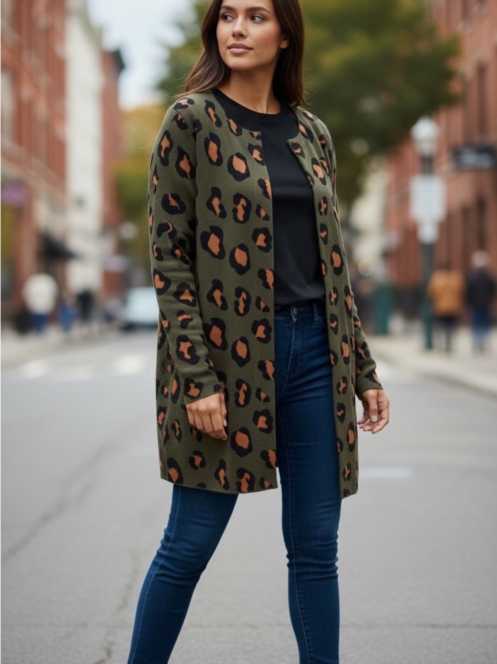 Ann Taylor Olive Green Leopard Print Open Cardigan with Brown Spots